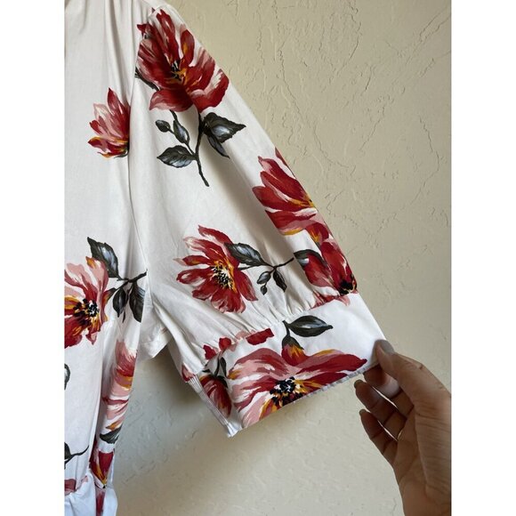 New! Lane Bryant White Red Floral Belted Peplum Top V-Neck Cotton Blend Short Sl - Picture 4 of 6